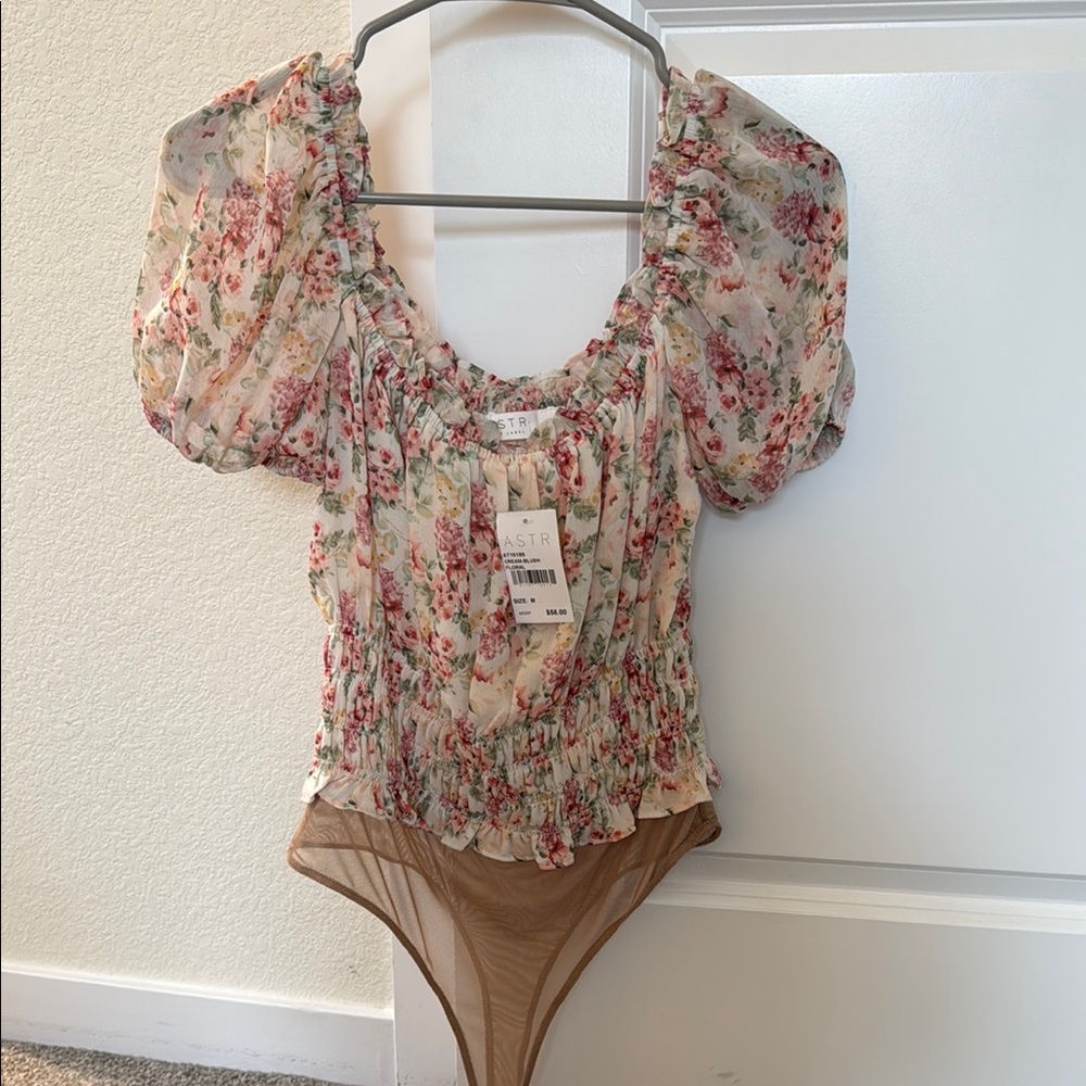 Astr Cream and Pink Bodysuit with Elegant Puff Sleeves